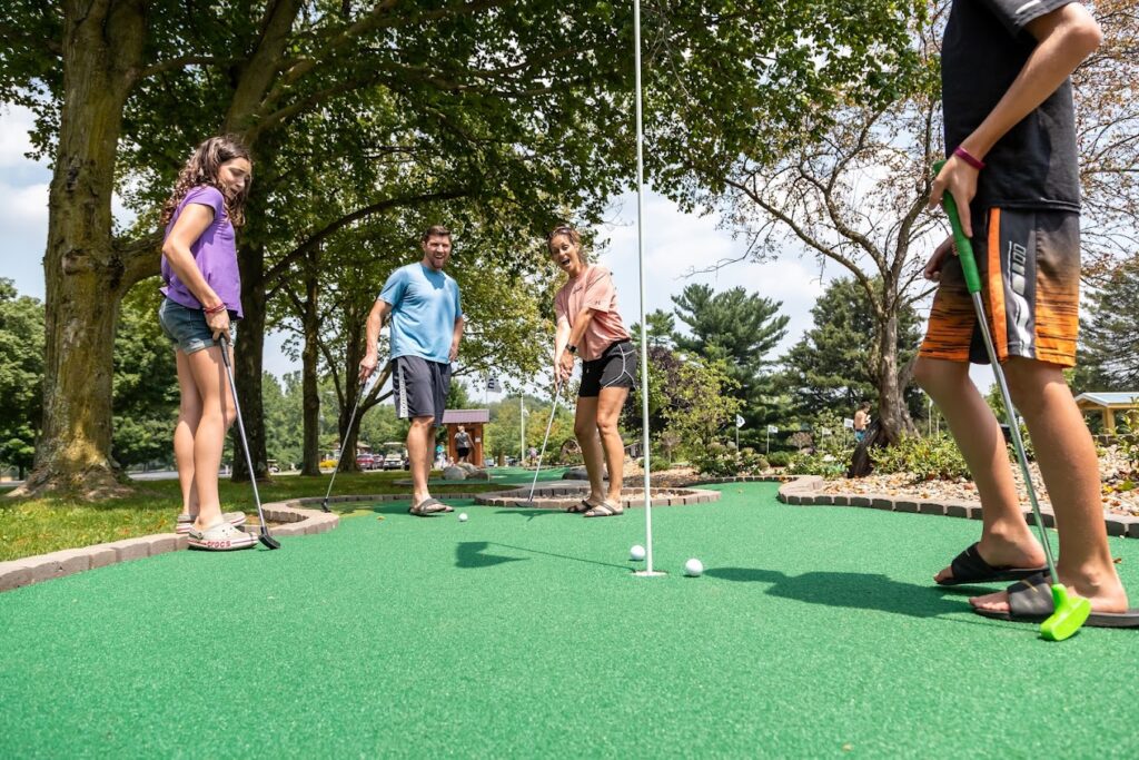 Multiple people putting on outdoor mini golf course with green artificial turf